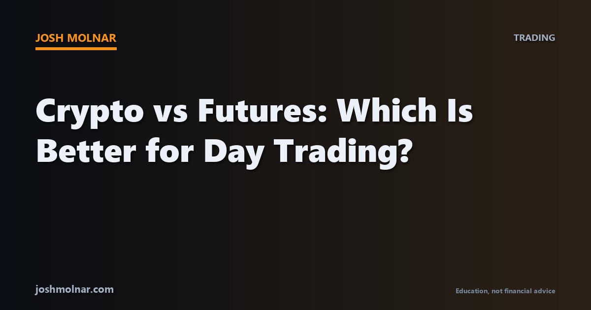 Branded comparison card for crypto vs futures day trading on joshmolnar.com