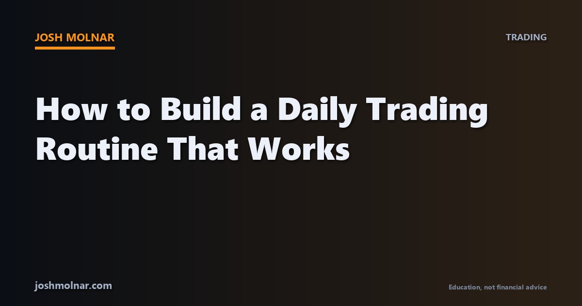 Branded card showing the concept of building a daily trading routine with a structured prep, trade, and review process
