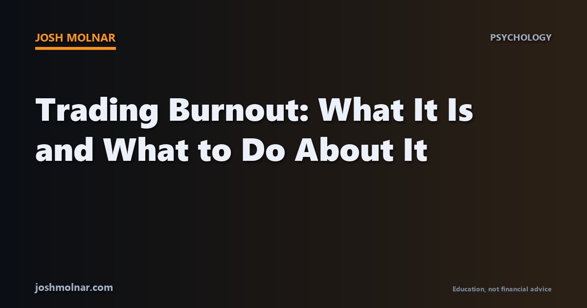 Branded card illustrating trading burnout with the text What It Is and What to Do About It on a dark background