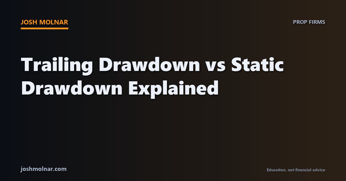 Branded card explaining trailing drawdown vs static drawdown for prop firm traders