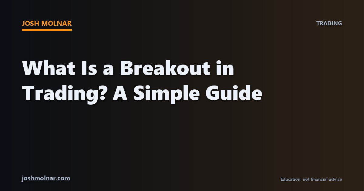 Branded card explaining what a breakout in trading is, with the joshmolnar.com trading tag